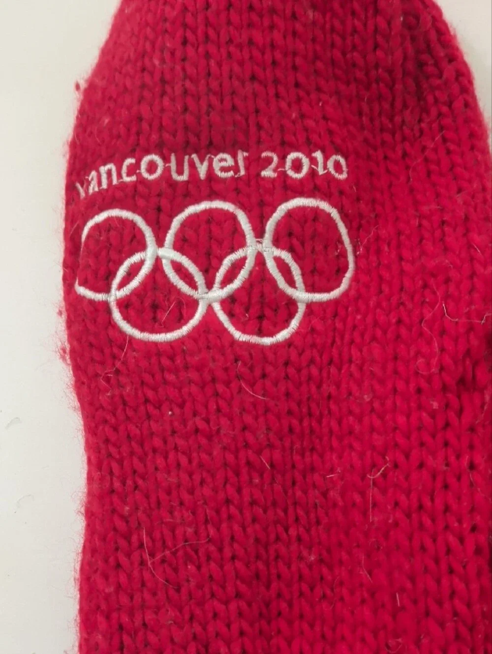Vancouver Red Kids Knit Mittens with White Olympic Ring Design